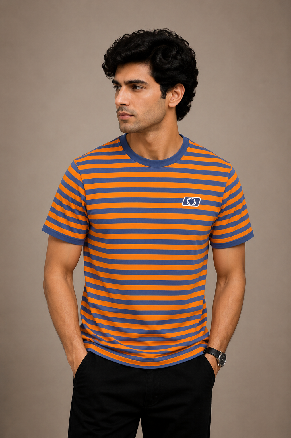 Premium Orange & Blue Striped Crew Neck T-Shirt