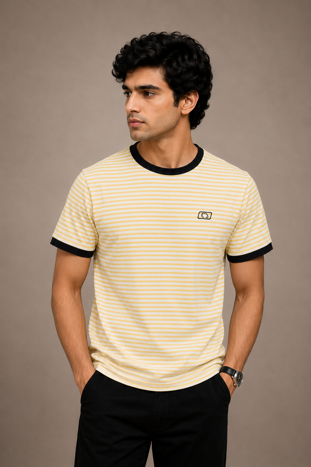 Premium Yellow Striped Round Neck T-Shirt